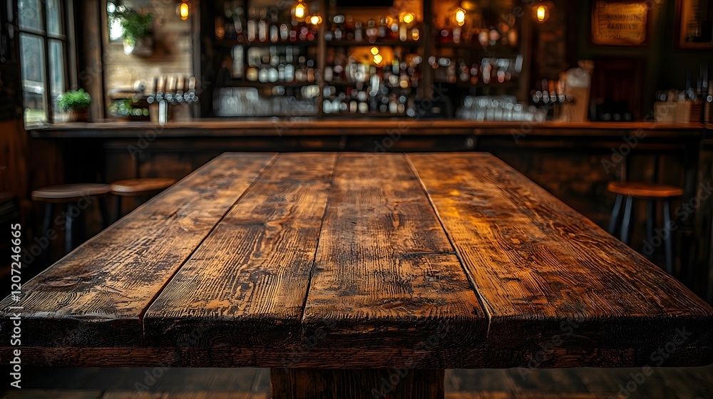 Detailed rustic wooden table board in the foreground set against a warm cozy countryside bar interior with a vintage aesthetic and inviting ambiance Detailed rustic wooden table board in the foreground set against a warm cozy countryside bar interior with a vintage aesthetic and inviting ambiance