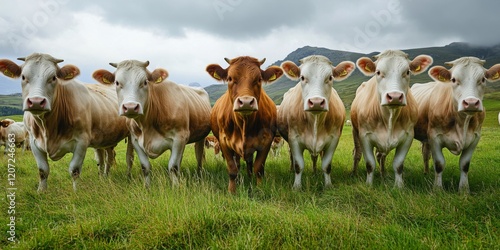 Wallpaper Mural A group of cows stands on a green pasture under a cloudy sky. They gaze at the viewer with curious expressions. This image captures rural life and farm animals in a natural setting. AI Torontodigital.ca