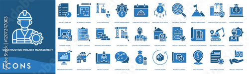 Construction Project Management icon. Project Timeline, Blueprint Planning, Site Supervision, Budget Management and Construction Schedule