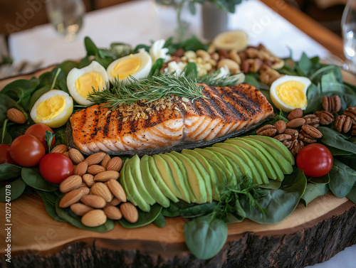 Grilled Keto Salmon with Spinach, Almonds, and Fresh Garnishes