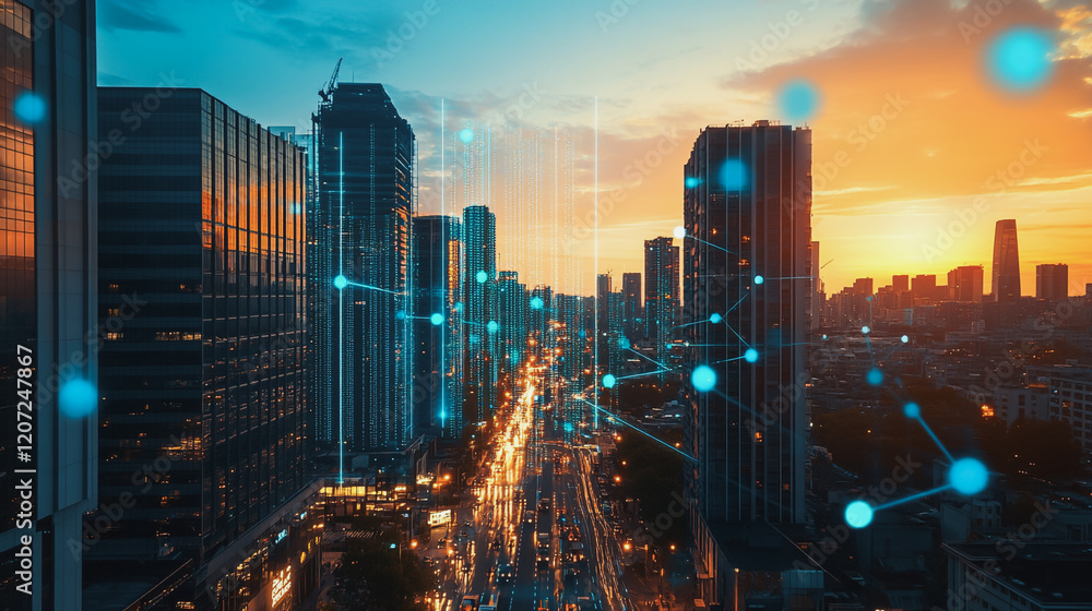 Fototapeta premium abstract professional business team people connection of line from nail node to node on Smart digital cityscap and skyline background , Innovation networking concept