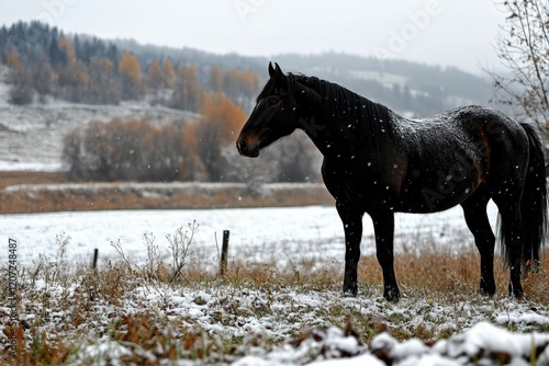 Wallpaper Mural A beautiful darkly-bay horse  trots on deep snow. Beautiful simple AI generated image Torontodigital.ca