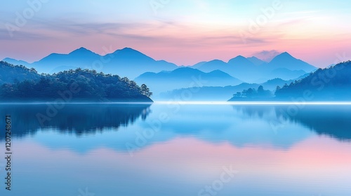 Wallpaper Mural Serene Sunrise Landscape: Misty Mountains Mirrored in a Tranquil Lake Torontodigital.ca