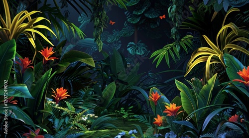 Lush green foliage and vibrant orange flowers illuminate the dense jungle floor in this evocative tropical scene.