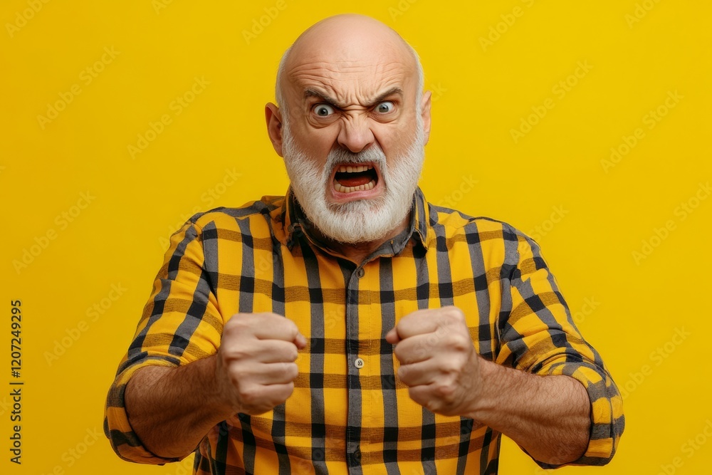Man in a yellow plaid shirt is angrily punching the air. Concept of anger and frustration Man in a yellow plaid shirt is angrily punching the air. Concept of anger and frustration