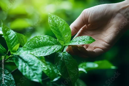 Female hand touching a leaf bathed in sunlight, set against a backdrop of a green mangroves forest, symbolizing the global warming environment and the concept of sustainable coexistence between photo