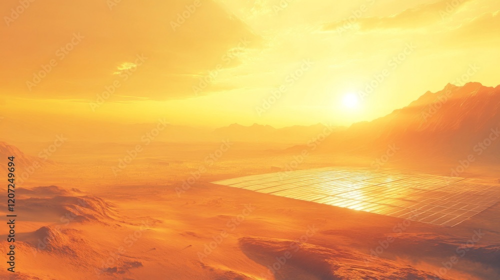 Obraz premium Golden desert sunset with sun reflecting on water