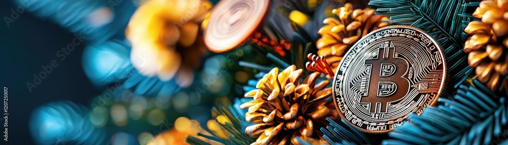 A festive arrangement featuring Bitcoin ornaments hanging among pinecones and greenery, blending cryptocurrency with holiday spirit. A festive arrangement featuring Bitcoin ornaments hanging among pinecones and greenery, blending cryptocurrency with holiday spirit.