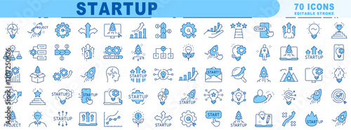 Big set of startup related fill icons. Launch, rocket, project, development etc