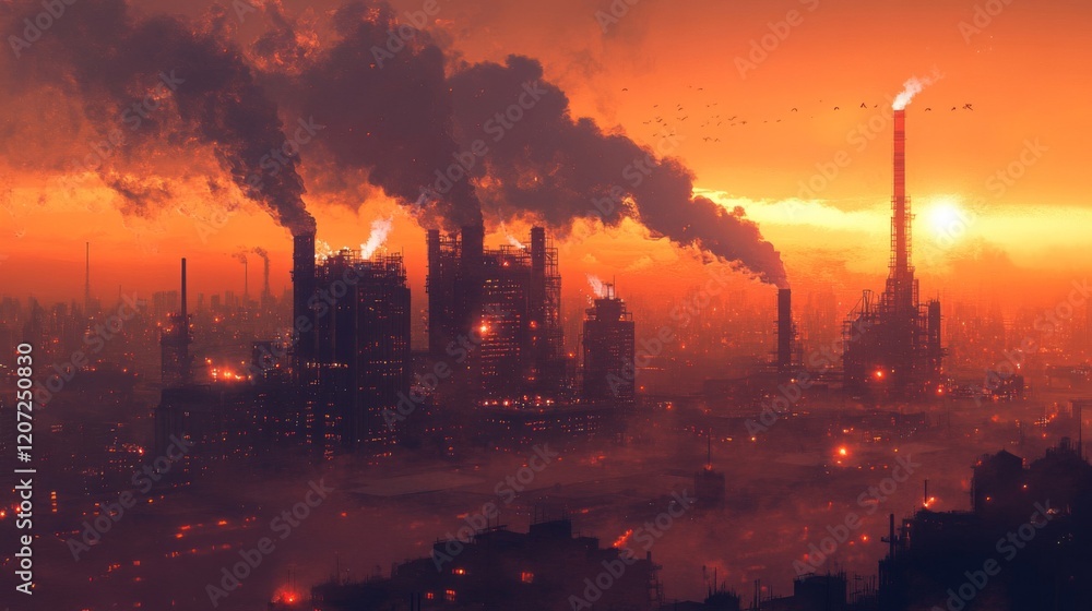 Fototapeta premium Apocalyptic Industrial Sunset over Smog-Filled City