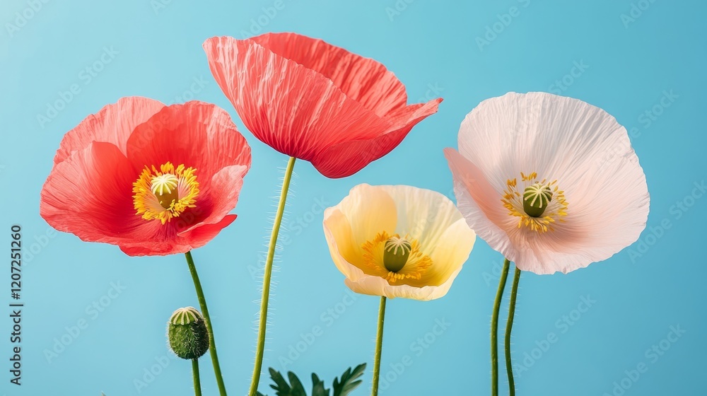 Fototapeta premium Four red, yellow, and white flowers are standing next to each other. The flowers are in full bloom and are arranged in a way that they are all facing the same direction
