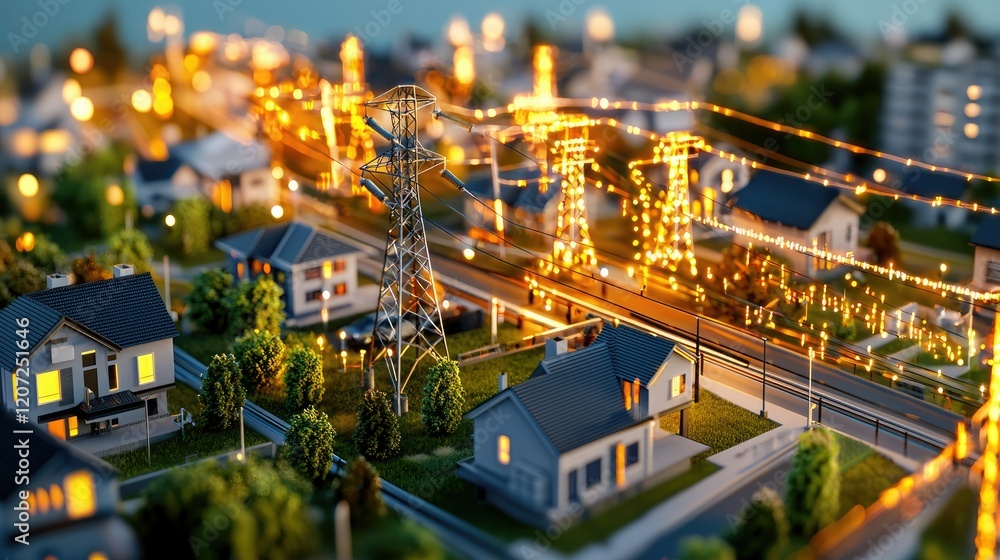 Naklejka premium A miniature urban landscape illuminated by soft lights, showcasing houses, power lines, and a sense of tranquility in a vibrant setting.