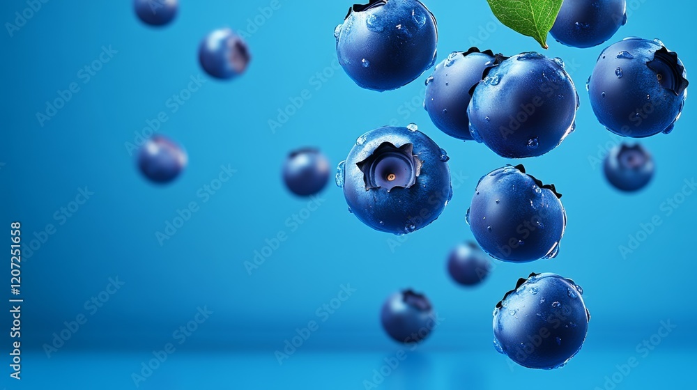 Blueberry is shown in the air with other blueberries. The blueberries are falling from the sky and are surrounded by a blue background Blueberry is shown in the air with other blueberries. The blueberries are falling from the sky and are surrounded by a blue background