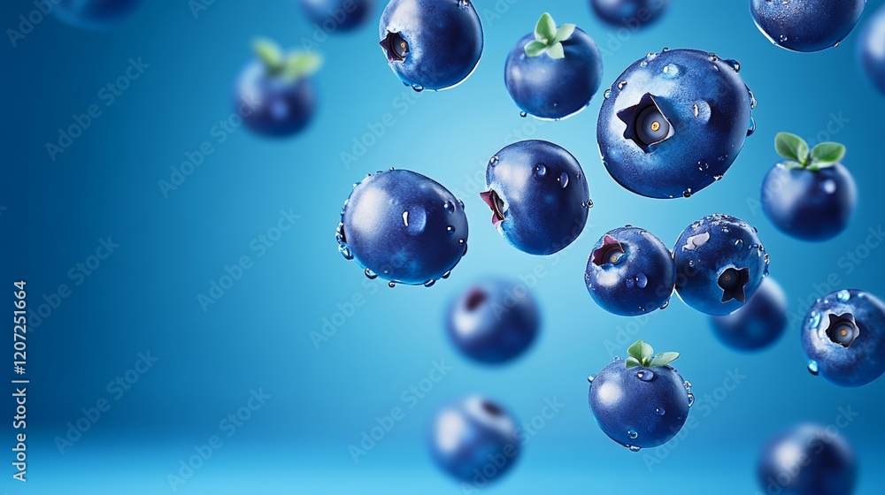 Blueberry cloud is floating in the air. The blueberries are surrounded by water droplets, giving the impression of a light rain shower. Concept of freshness and vitality Blueberry cloud is floating in the air. The blueberries are surrounded by water droplets, giving the impression of a light rain shower. Concept of freshness and vitality
