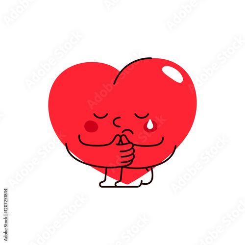 Vector heart character crying. Heartbreak emoji or love relationship end clipart. Cartoon person crying because of divorce. Affection sorrow and romantic loss. Sadness emotion. Lover cry symbol.