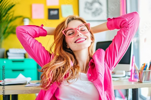 Joyful female office worker reclined in her chair, unwinding after a fruitful day of work in the office photo