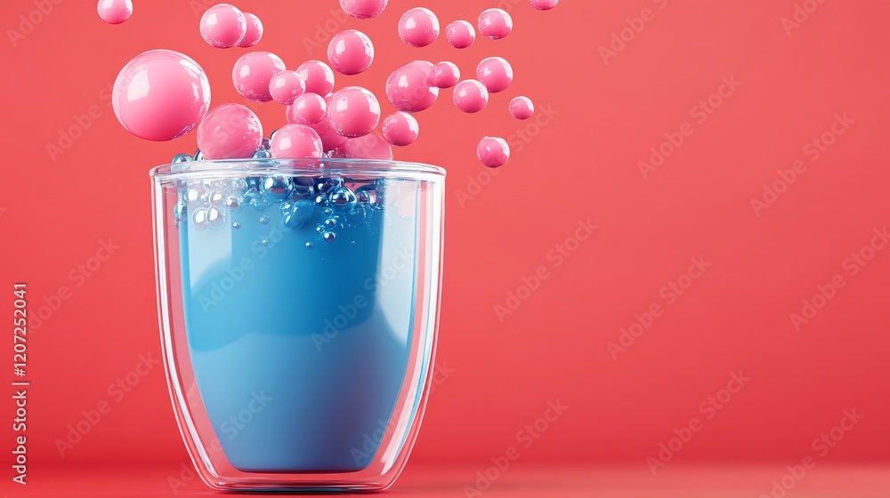 Glass of blue liquid with pink bubbles floating in it. The bubbles are scattered all over the glass, creating a sense of movement and energy. The blue liquid contrasts with the red background Glass of blue liquid with pink bubbles floating in it. The bubbles are scattered all over the glass, creating a sense of movement and energy. The blue liquid contrasts with the red background