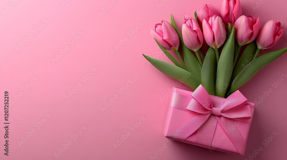 Fototapeta premium Pink flowers in a pink box with a pink ribbon. The flowers are arranged in a vase and the box is placed on a pink background. Concept of love and affection, as the pink flowers