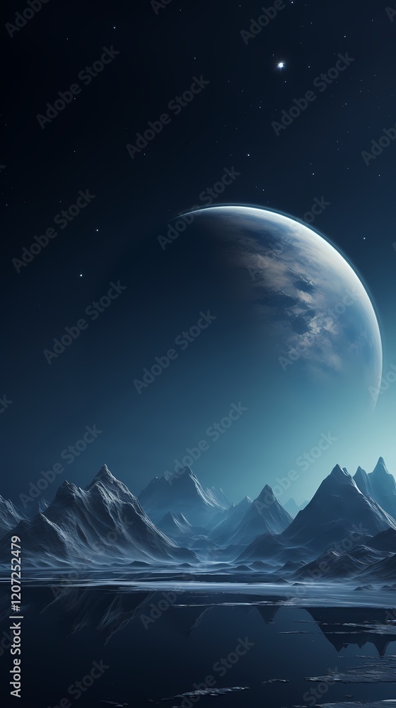Digital technology blue silver mountains and planet landscape poster background Digital technology blue silver mountains and planet landscape poster background