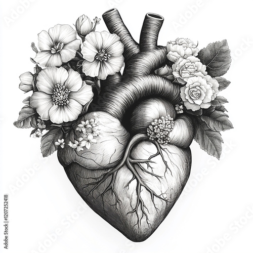 human heart with flowers on white background