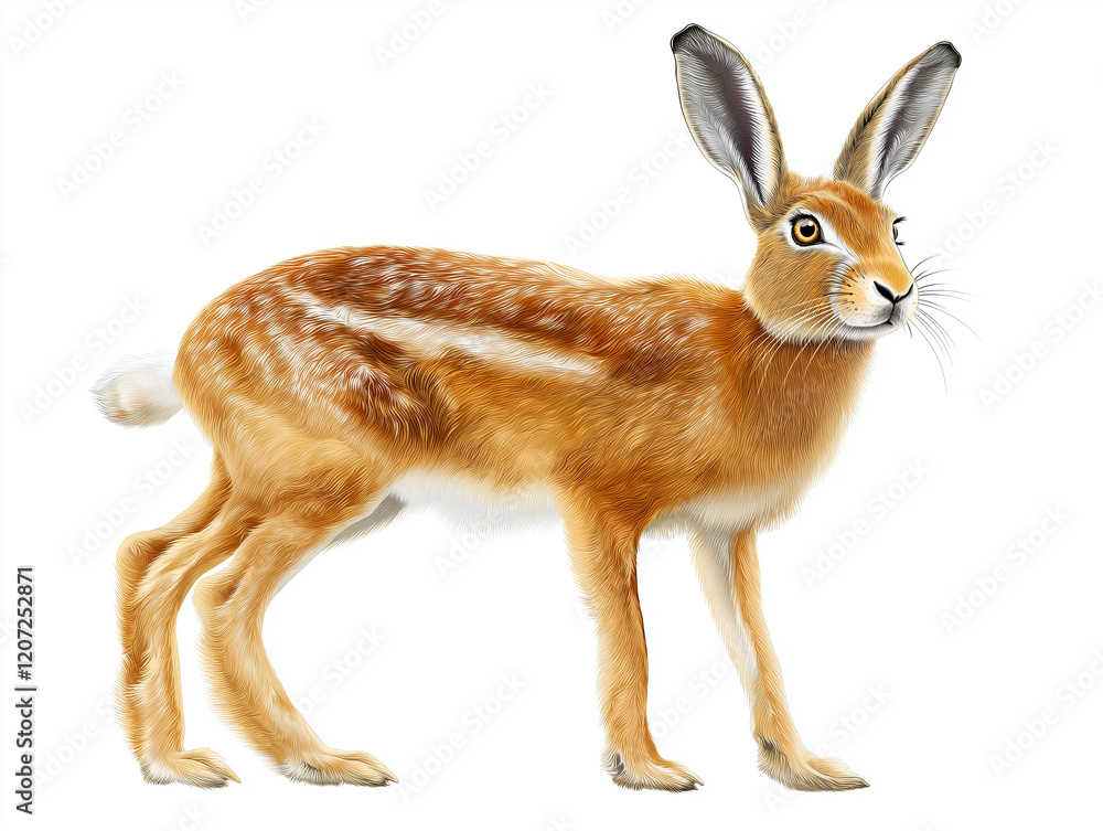 Fototapeta premium European Hare (Lepus europaeus) - A detailed hand-drawn depiction of a European Hare, featuring its long ears, muscular legs, and tawny brown fur, isolated on white