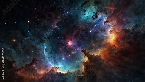 A 360-degree spherical projection of a deep space nebula, filled with bright stars and cosmic clouds