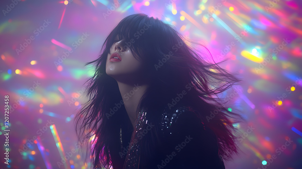 Mysterious Woman with Colorful Lights in Dreamy Atmosphere Mysterious Woman with Colorful Lights in Dreamy Atmosphere