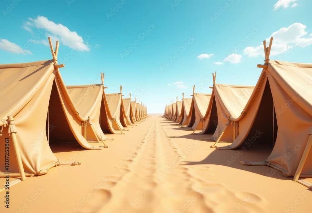 Row of tan tents in desert with sky Row of tan tents in desert with sky