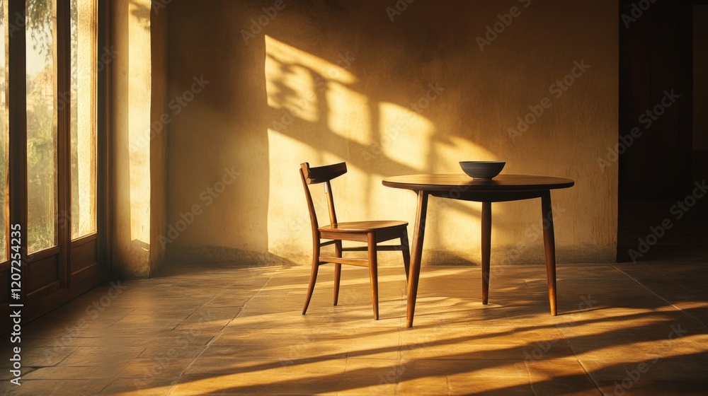 Fototapeta premium Warm Sunlight Illuminates Empty Room with Wooden Chair and Table