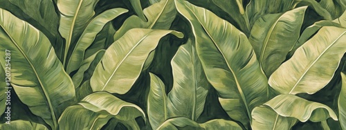 Lush green banana leaves create an exotic and vibrant atmosphere filled with tropical vibes ideal for decoration or design inspiration