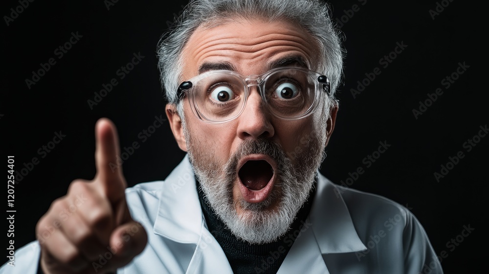 Fototapeta premium Man with glasses and a white lab coat pointing at something. He looks surprised and is making a gesture with his finger