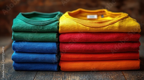 Neatly Stacked Colorful T-Shirts on Wooden Surface