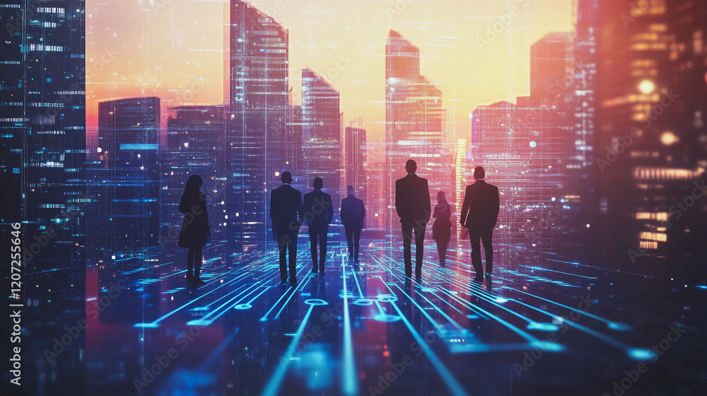 Obraz premium abstract professional business team people connection of line from nail node to node on Smart digital cityscap and skyline background , Innovation networking concept