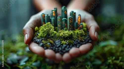 A hand holding a miniature city with trees and buildings. Concept of wonder and imagination, as it is not a real city but a small-scale model.