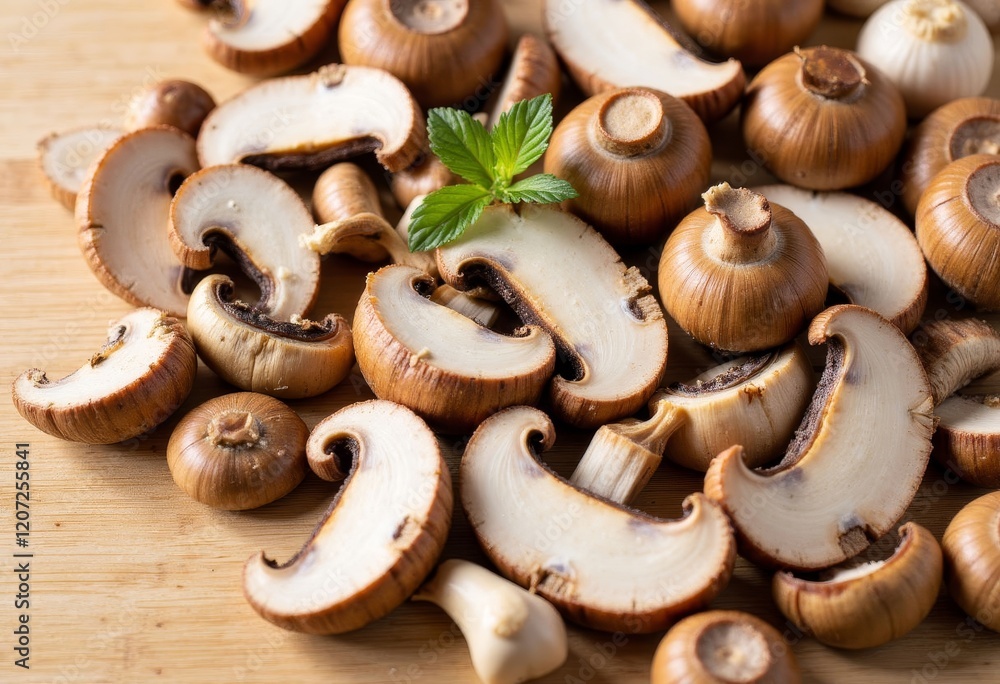 Sliced and whole mushrooms with green mint leaves Sliced and whole mushrooms with green mint leaves