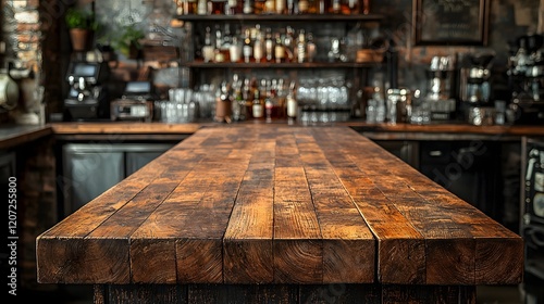 Rustic wooden table board in the foreground with vintage decor elements including shelves bottles and glassware in the background of a cozy bar or pub scene photo