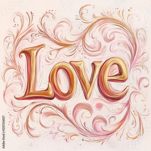 The word "Love" written in an ornate calligraphy style with flowing flourishes at the beginning and end, in soft pink and gold gradients