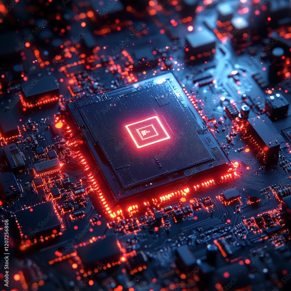 Macro shot of a glowing AI chip emitting colorful light beams, symbolizing advanced computing power. Designed for tech banners, AI events, and advertising campaigns. Macro shot of a glowing AI chip emitting colorful light beams, symbolizing advanced computing power. Designed for tech banners, AI events, and advertising campaigns.