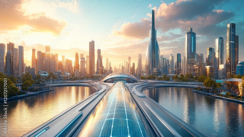 Naklejka premium Futuristic City at Sunset with Modern Architecture and Transportation