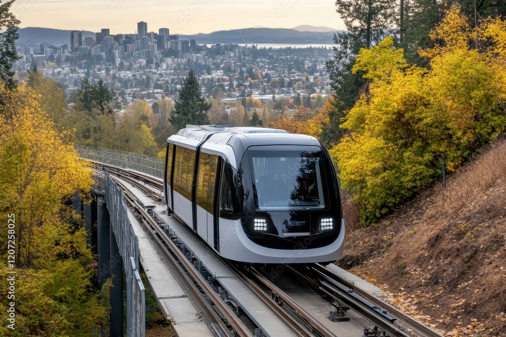 Naklejka premium Modern Automated Transportation System on Elevated Tracks with Autumn Foliage and Urban Skyline Background in a Scenic Landscape