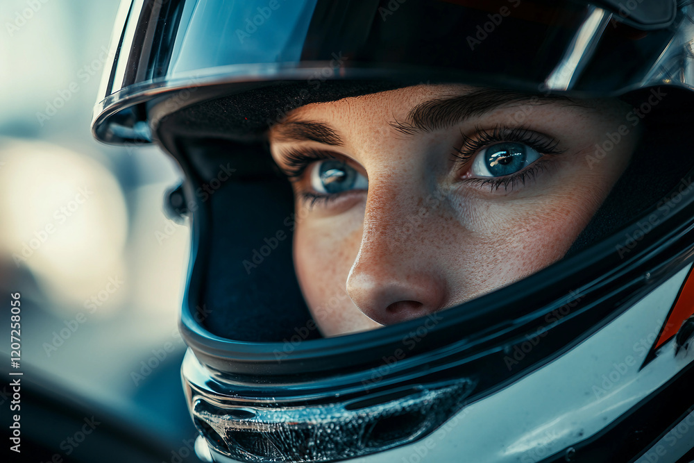 Intense portrait of a focused car racer in a helmet showcasing determination and speed, generative AI Intense portrait of a focused car racer in a helmet showcasing determination and speed, generative AI