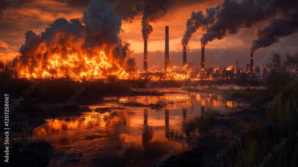 Fiery Industrial Sunset: Environmental Disaster Reflection Fiery Industrial Sunset: Environmental Disaster Reflection