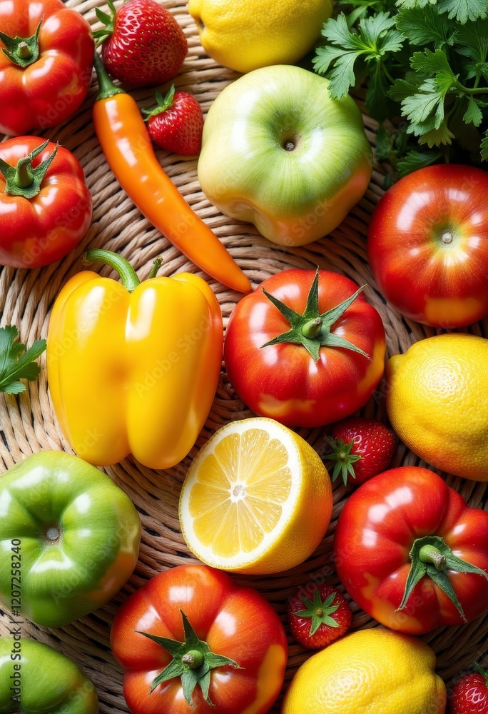 Tomatoes, lemons, pepper, apples, strawberries, and parsley on a woven surface Tomatoes, lemons, pepper, apples, strawberries, and parsley on a woven surface