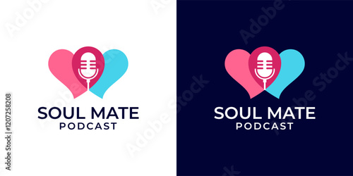 Love podcast logo template with microphone and couple heart vector illustration. Family podcast logo design. Vector logo template of microphone, heart, radio, podcast, talk, relationship, soul mate