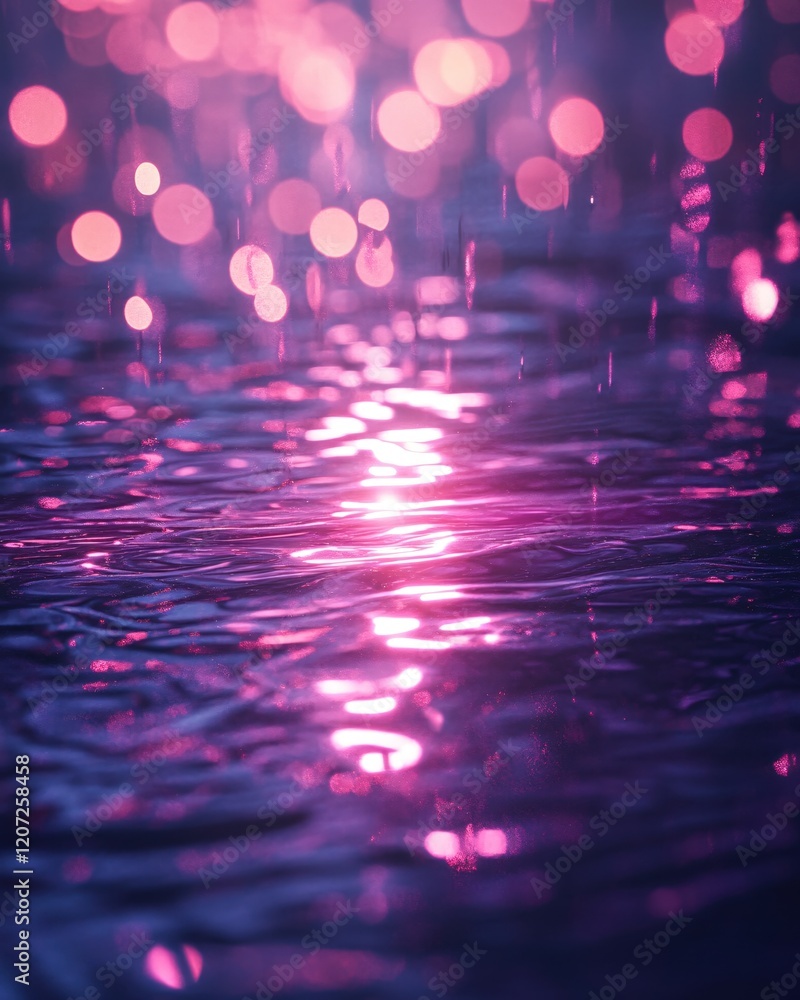 Pink Bokeh Lights Reflecting on Water Surface Dreamy Night Scene Pink Bokeh Lights Reflecting on Water Surface Dreamy Night Scene
