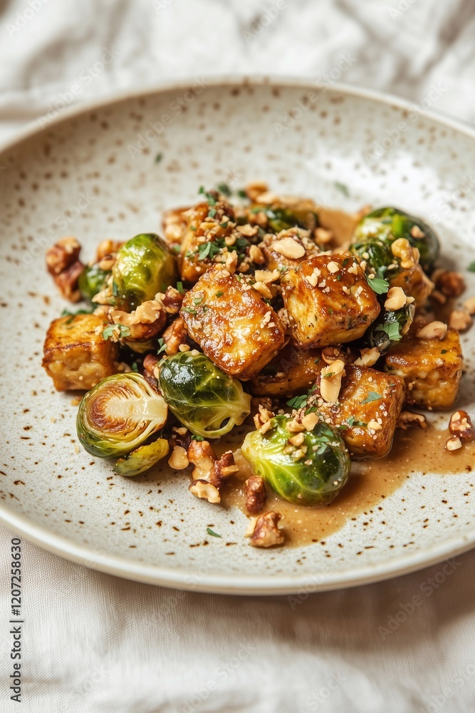 A warm salad of golden-brown, lightly fried tempeh, roasted Brussels sprouts, and crunchy nut sauce on a rustic plate. Generative AI. A warm salad of golden-brown, lightly fried tempeh, roasted Brussels sprouts, and crunchy nut sauce on a rustic plate. Generative AI.