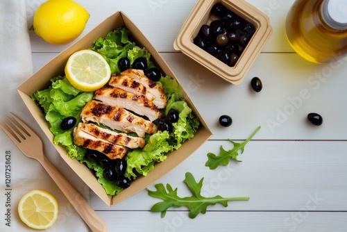 Grilled chicken salad in a cardboard box with fresh lettuce, olives, lemon slices, and arugula. Wooden fork and olive oil bottle on the side. Clean, fresh, and healthy aesthetic. Generative AI. photo