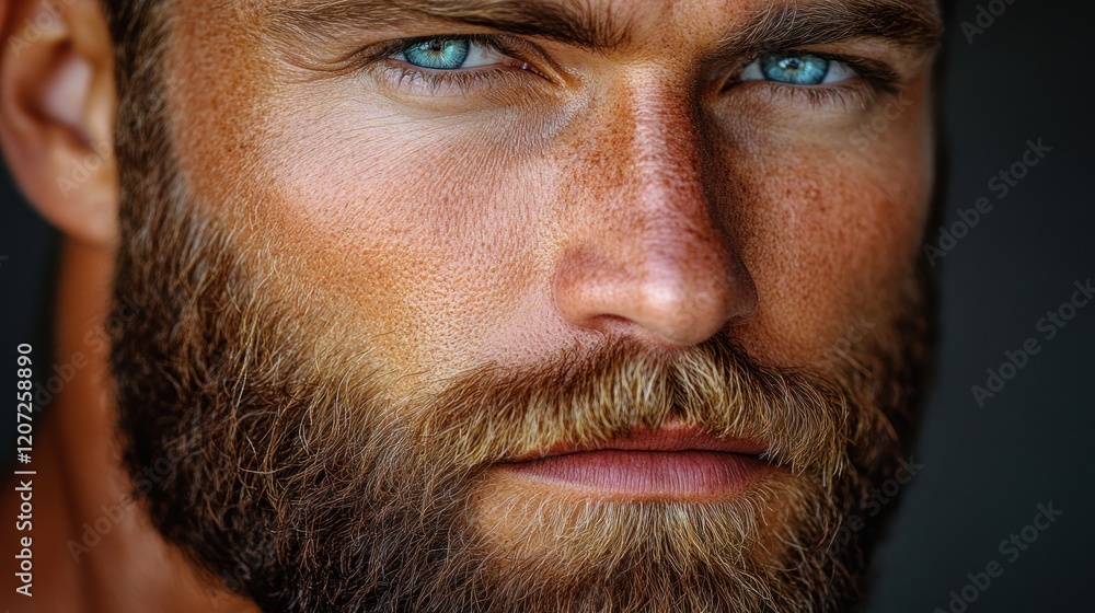 Close-up, man, beard, blue eyes, sun-kissed skin, studio, dark background, male model Close-up, man, beard, blue eyes, sun-kissed skin, studio, dark background, male model