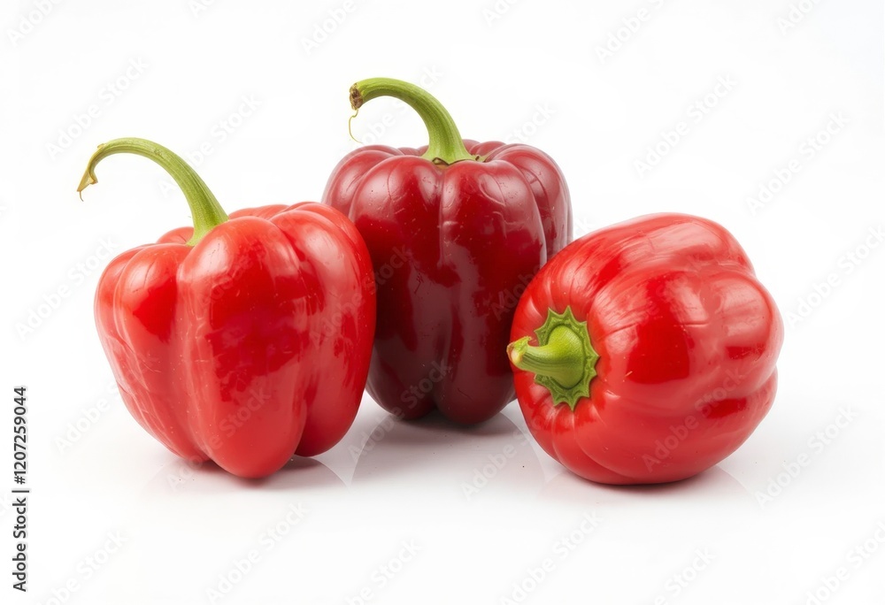 Bright red sweet pepper with smooth and shiny skin lies on a white background. Its rich color and fresh appearance emphasize the naturalness and quality of the product, ideal for healthy eating Bright red sweet pepper with smooth and shiny skin lies on a white background. Its rich color and fresh appearance emphasize the naturalness and quality of the product, ideal for healthy eating