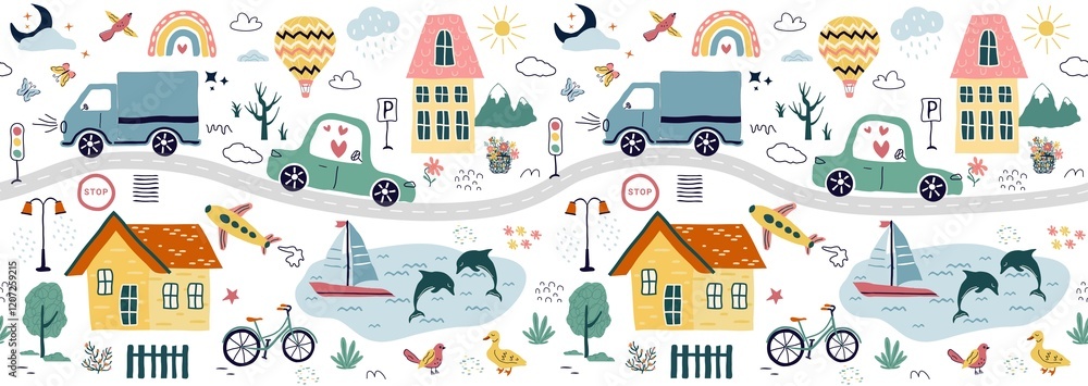 Fototapeta premium a modern seamless pattern,with hand drawn cars, signs, roads, a tree. A cartoon element isolated on a white background. for print, children, paper, print. cute illustration in the style art